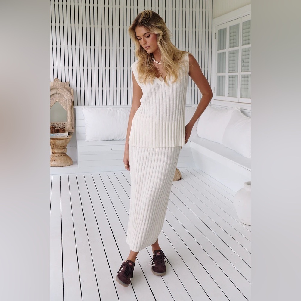 Free People Veda Sweater Set Ivory Ribbed Maxi Pencil Skirt 2 In 1 Size S
